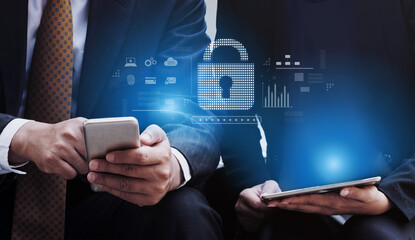 Cybersecurity protection system showing password encryption, fingerprint ID, cloud security, email, credit card, and database lock for secure data access Vouch