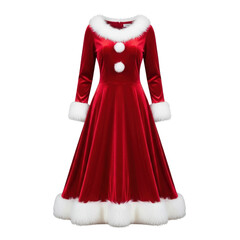 Elegant red velvet dress with white fur trim isolated on a transparent background