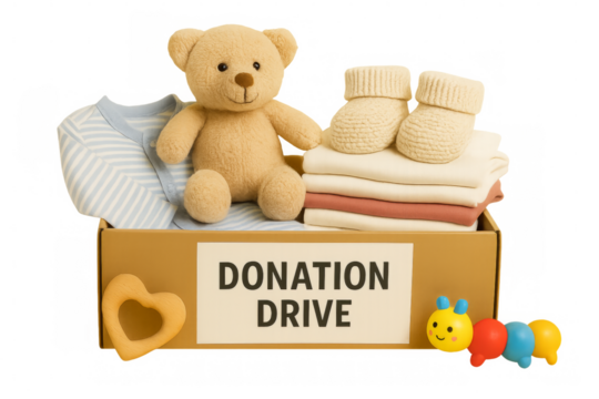 Donation drive box with baby clothes and toys