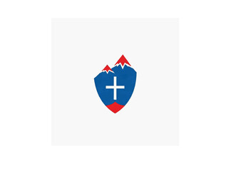 White-blue-red tricolor with stylized mountain and cross motif.