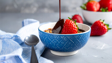 A Decadent Delight: Sweet Strawberry Covered in Silky Melted Chocolate Drizzle Nestled in a Charming Blue Patterned Bowl