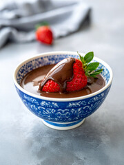 A Decadent Delight: Sweet Strawberry Covered in Silky Melted Chocolate Drizzle Nestled in a Charming Blue Patterned Bowl