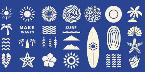Collection of stylized summer beach and surf icons with palm trees sun waves and surfboards