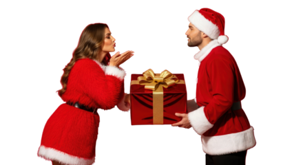 Young couple in Santa Claus costumes exchanging a Christmas gift isolated on a transparent background