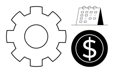 Gear, calendar, and dollar sign convey productivity, planning, and financial management concepts. Ideal for business, time organization, workflow optimization, cost planning efficiency improvement