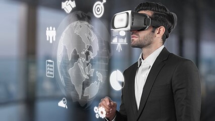 A business professional engages with virtual reality technology to interactively visualize global data and market trends, enhancing analysis and decision-making in a modern office setting. Raster