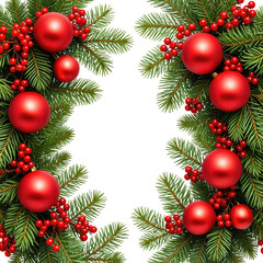 Festive wreath frame with red ornaments and berries on evergreen boughs