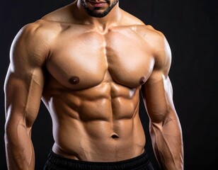 Fototapeta premium Bodybuilder with Defined Abs: A close-up shot showcases a powerfully built individual, with sculpted muscles and a defined abdominal area, epitomizing peak physical fitness.