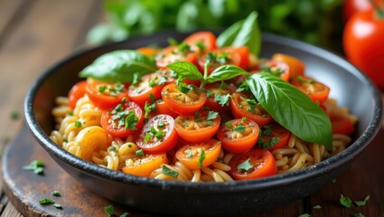 Delicious,  shot of a pasta dish, showcasing fusilli pasta with vibrant, halved cherry tomatoes, garnished with fresh basil leaves and parsley.