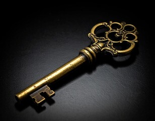 Vintage Key on Dark Background: A detailed close-up of a vintage key, its intricate design gleaming against a rich, dark surface, evoking a sense of mystery, history, and hidden secrets.