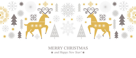 Christmas banner with Christmas Deer and ornaments in geometric decorative scandinavian style on white background