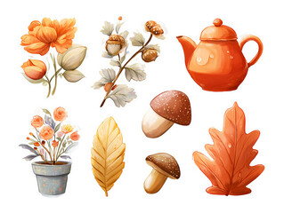 Autumn clipart stickers elements with flowers, mushrooms, acorns and teapot isolated on transparent background