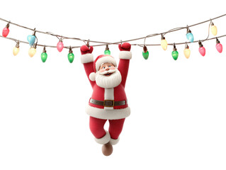 Flying falling Santa Claus 3D illustration with Christmas lights isolated on transparent background