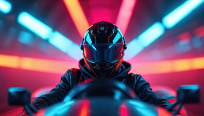Futuristic driver wears full face helmet, rides vehicle in vibrant neon light tunnel. Person speeds through glowing digital environment. Scene shows future tech, dynamic motion. Rider travels fast in