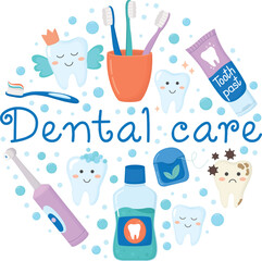Round illustration with cute teeth, oral hygiene products and and inscription. Set with toothpaste, dental floss, toothbrushes, mouthwash	