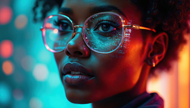 African American woman wears glasses with code reflected on face. She looks into future tech, representing AI data analysis and cyber security innovation.