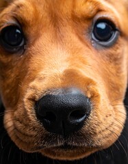 Close-up of a young reddish-brown dog's face.  Large, dark eyes and a wet, black nose are prominent features.  The focus is on the dog's face