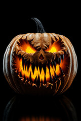 Fiery, glowing Halloween pumpkin with jagged teeth and a menacing carved face.