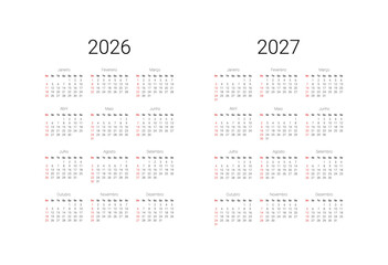 Fototapeta na wymiar 2026, 2027 Calendar in Portuguese. Calendar template for Brazil start from Sunday. Full months for wall calendar, isolated wall background