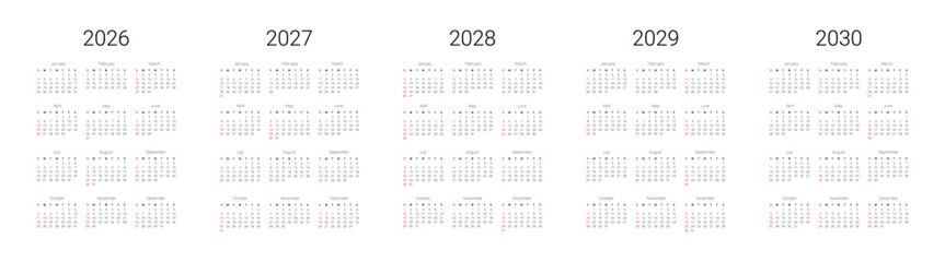 English 2026, 2027, 2028, 2029, 2030 calendar start from Sunday. Vector illustration design template for USA, Canada.