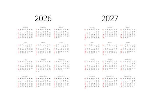 2026, 2027 Calendar in Portuguese. Calendar template for Brazil start from Sunday. Full months for wall calendar, isolated wall background