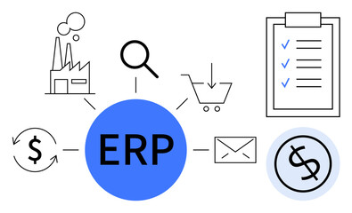 ERP system represented by a blue central node connecting icons for manufacturing, finance, checklist, email, shopping cart, and analysis magnifier. Ideal for business management, resource planning