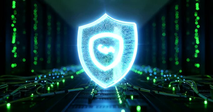 Futuristic digital shield protecting data in a vibrant server room - Powered by Adobe