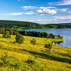Scenic lake vista, rolling hills, lush greenery
