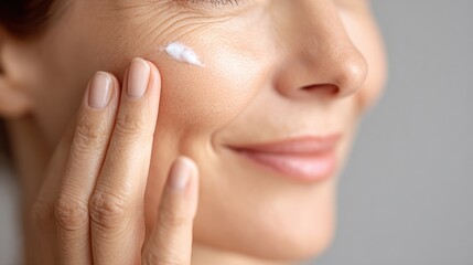 Naklejka premium Woman Applying Skincare Cream to Her Face, Showcasing Her Skincare Routine and Healthy Skin in a Close-Up Shot