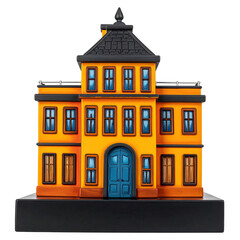 Naklejka premium Miniature two-story building with multiple windows, blue door, and black roof