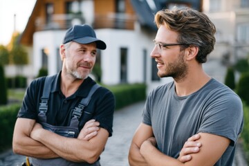 Two men having a friendly conversation outdoors in front of modern house, symbolizing cooperation, trust, and everyday connection, ideal for lifestyle or communication projects.