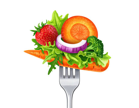 A fork impales diverse, vibrant produce strawberry, carrot, onion, broccoli, lettuce