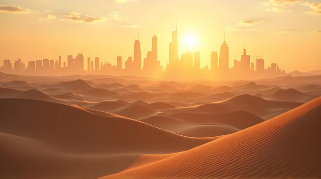 Stunning cityscape skyline rising above desert dunes at sunset, creating a powerful contrast of nature and modern architecture in golden hour light
