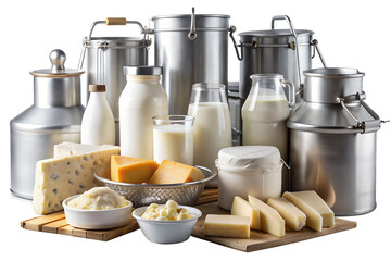 A diverse assortment of fresh dairy products including milk, cheese, butter, and yogurt, concept of healthy eating and farm-to-table nutrition