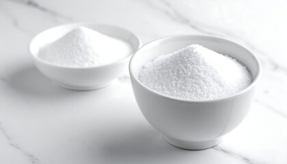 Two white bowls filled with white powder on a marble surface
