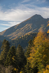 Autumn mountain landscape, Rosa Peak, Krasnaya Polyana, Sochi, road to the waterfalls
