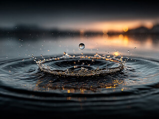 a drop of water falling into a puddle, creating ripples and a splash. The water appears dark and reflective, capturing the light in the drop above.