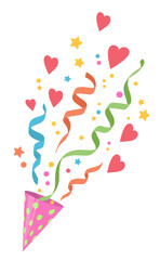Confetti Exploding from a Party Popper. Firecrackers with confetti, color hearts and streamers flying in air, celebration party design element.
