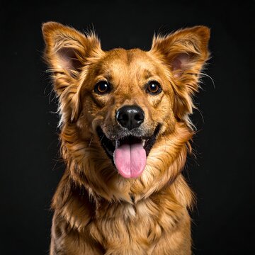 Close-up portrait of a happy, ginger dog.  Dark background,  focused on the dog's face and upper body,  showing  flappy ears,  open mouth with pink tongue, and  brown-orange fur