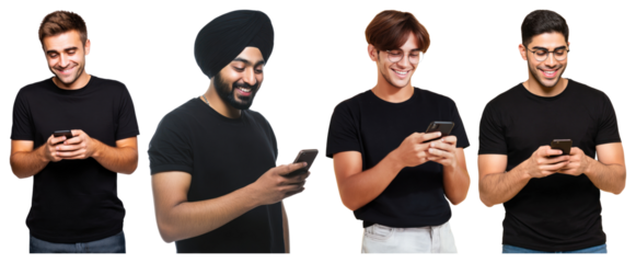 PNG Diverse group using smartphones, element set on transparent background