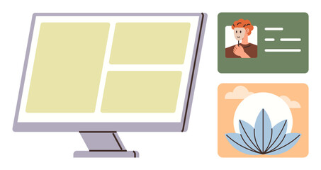 Desktop monitor with grid layout beside a profile card and lotus flower graphic. Ideal for user interface design, self-care, professional identity, minimalism, balance, organization, wellness. Simple