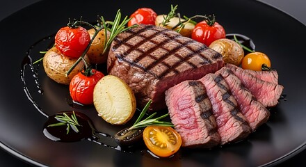 Grilled Steak with Roasted Vegetables on a Black Plate.