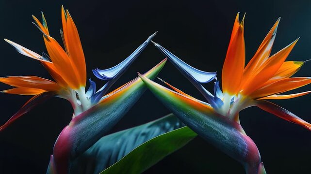 Video clip Delicate Birds of Paradise flowers in a dark setting, perfect for use as a subtle background or to add texture to your design