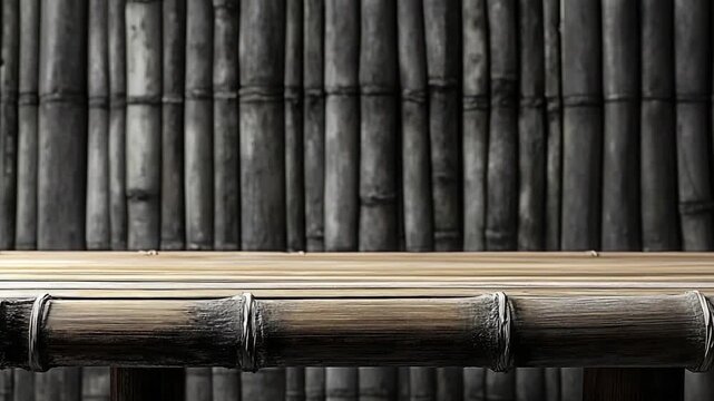 Close-up of a wooden table with a unique bamboo wall backdrop