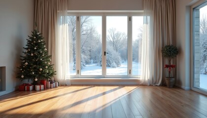 Living room interior with Christmas tree and gifts. Large window shows snowy winter forest landscape. Wooden floor reflects sunlight and shadows. Cozy festive atmosphere inside.