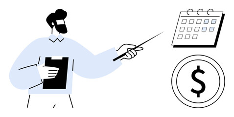 Man holding clipboard and pointing at calendar and dollar sign. Ideal for finance, strategy, deadlines, business planning, budgeting, goal setting, leadership. Simple flat metaphor