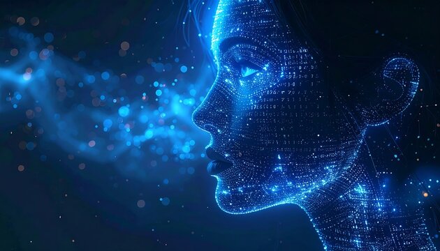 Digital woman profile, glowing blue light