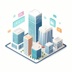 Modern futuristic city in isometric style, minimalistic buildings, pastel colors, clean design, vector art style