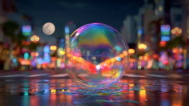 Magical iridescent bubble reflects vibrant city lights at night under a full moon - Powered by Adobe