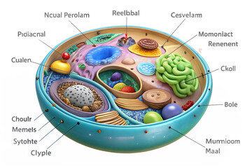 Detailed cross-section of a fictional eukaryotic cell with its imaginary organelles, a colorful biological and scientific concept illustration
